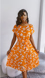 Printed Round Neck Short Sleeve Pleated Dress