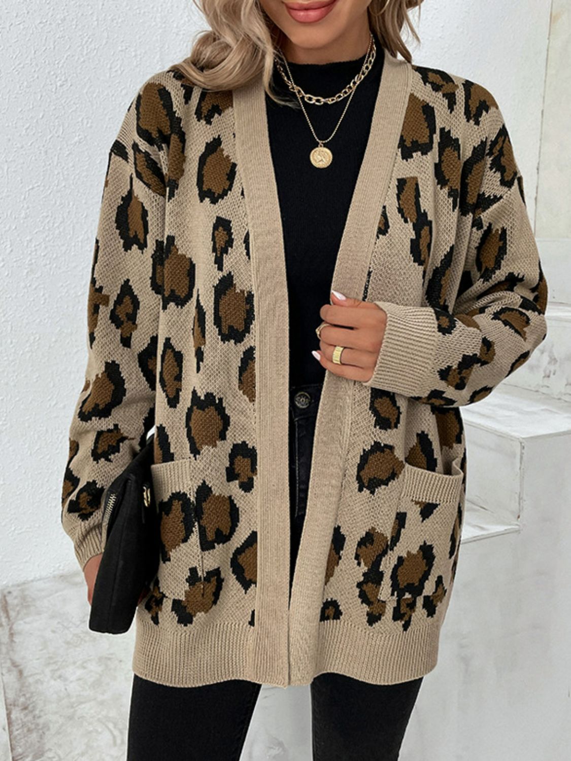 Leopard Print Ribbed Trim Dropped Shoulder Longline Cardigan