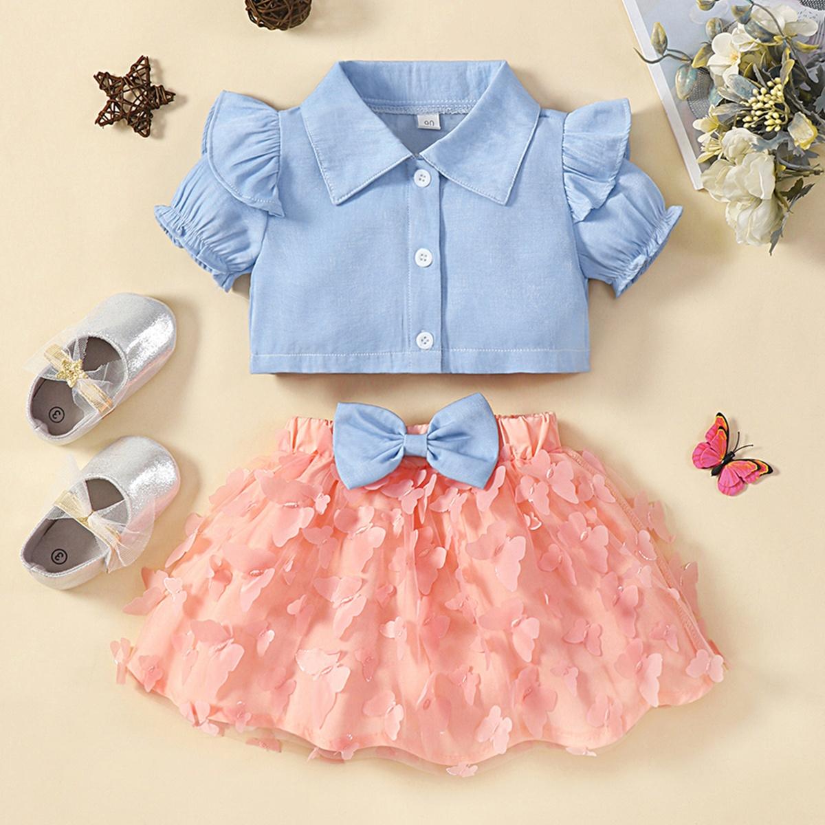 Uylee’s Boutique Ruffle Shoulder Shirt and Butterfly Applique Skirt Set