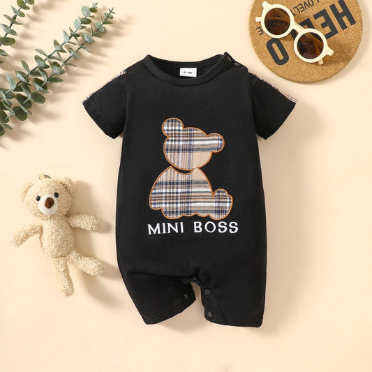 Uylee’s Boutique Baby MINI BOSS Bear Graphic Short Sleeve Romper