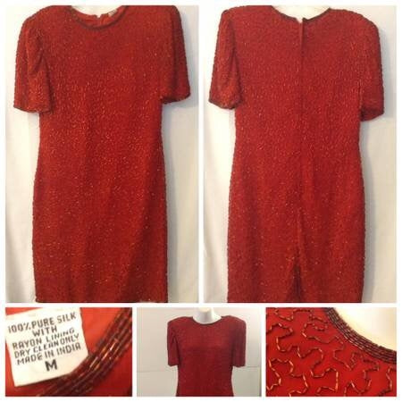 Red Indian Vintage 100% Pure Silk Beaded Dress, Size Medium - Gently Used