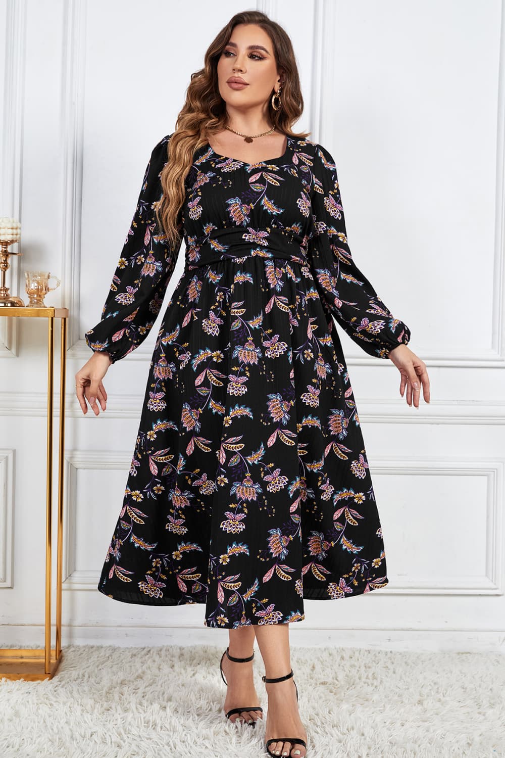 Plus Size Floral Print Long Sleeve Midi Dress