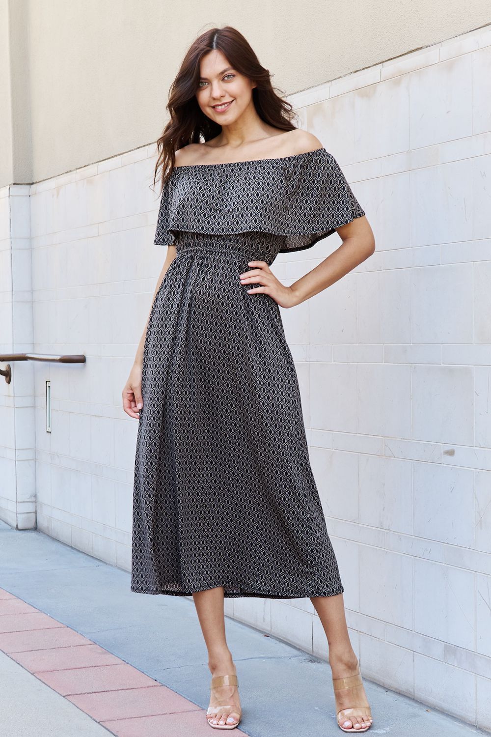 Uylee's Boutique My Best Angle Geometric Pattern Off The Shoulder Midi Dress in Black