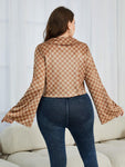 Uylee's Boutique Plus Size Checkered Johnny Collar Flare Sleeve Shirt
