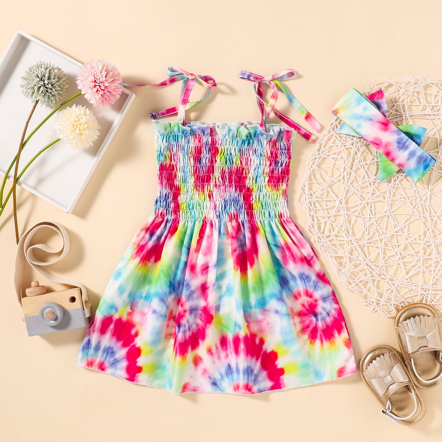 Uylee’s Boutique Tie-Dye Smocked Tie-Shoulder Dress