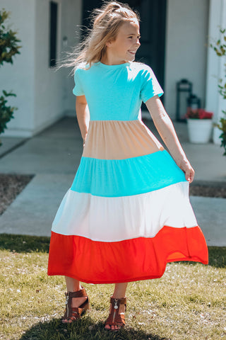 Girls Color Block Round Neck Maxi Dress, Sizes 4 - 13 years (Mommy and Me Set)