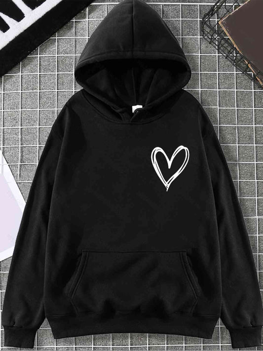 Heart Graphic Drawstring Hoodie with Pocket