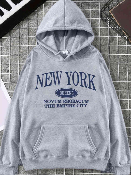 Letter Graphic Long Sleeve Hoodie - Queens, New York