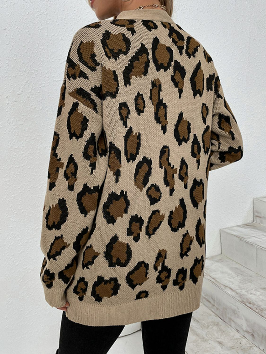 Leopard Print Ribbed Trim Dropped Shoulder Longline Cardigan