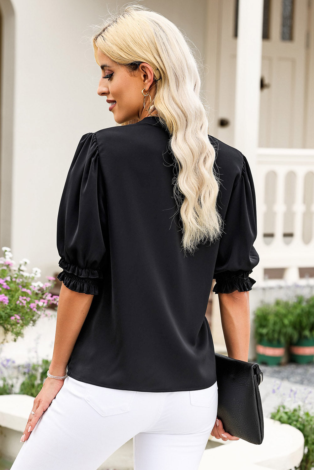 Notched Neck Puff Sleeve Blouse