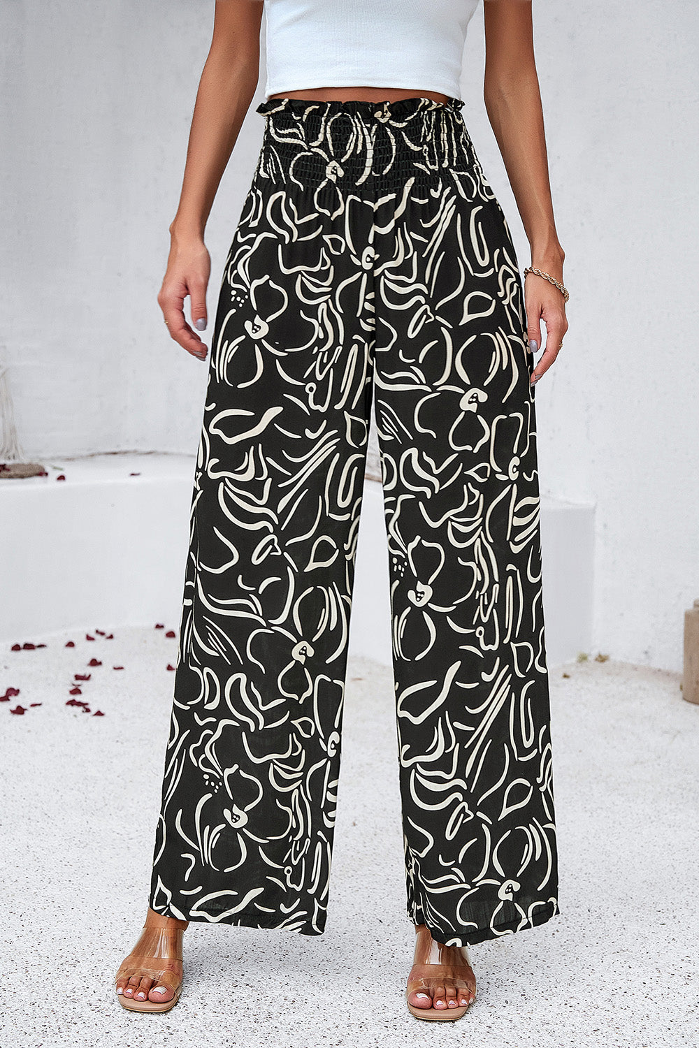 Smocked Printed Wide Leg Pants with Pockets - Four Color Prints