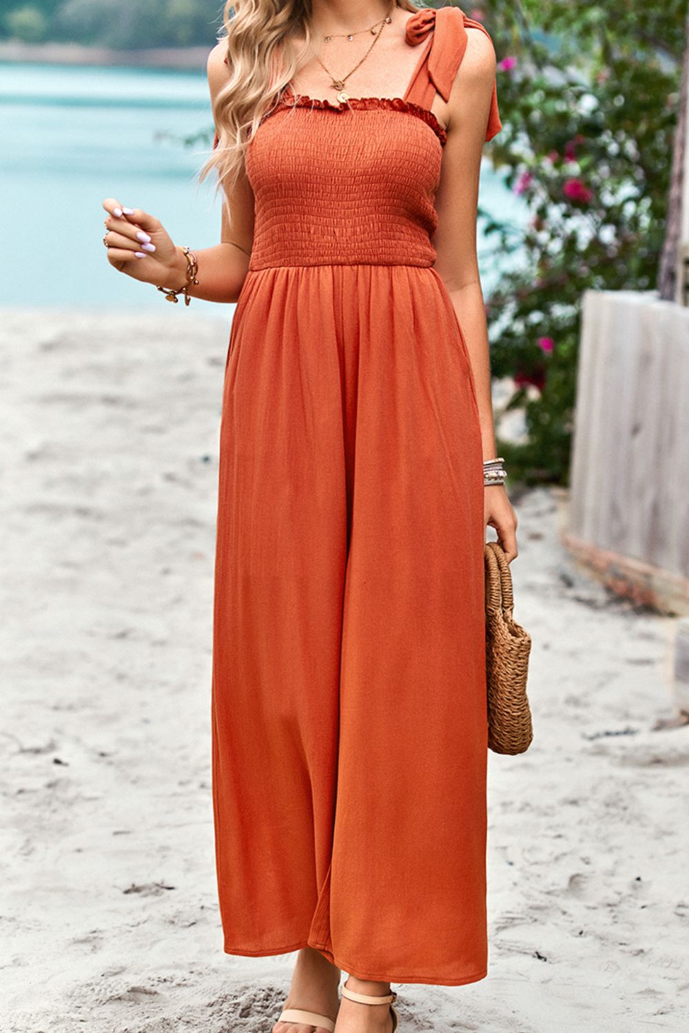 Frill Trim Tie Shoulder Wide Leg Jumpsuit with Pockets