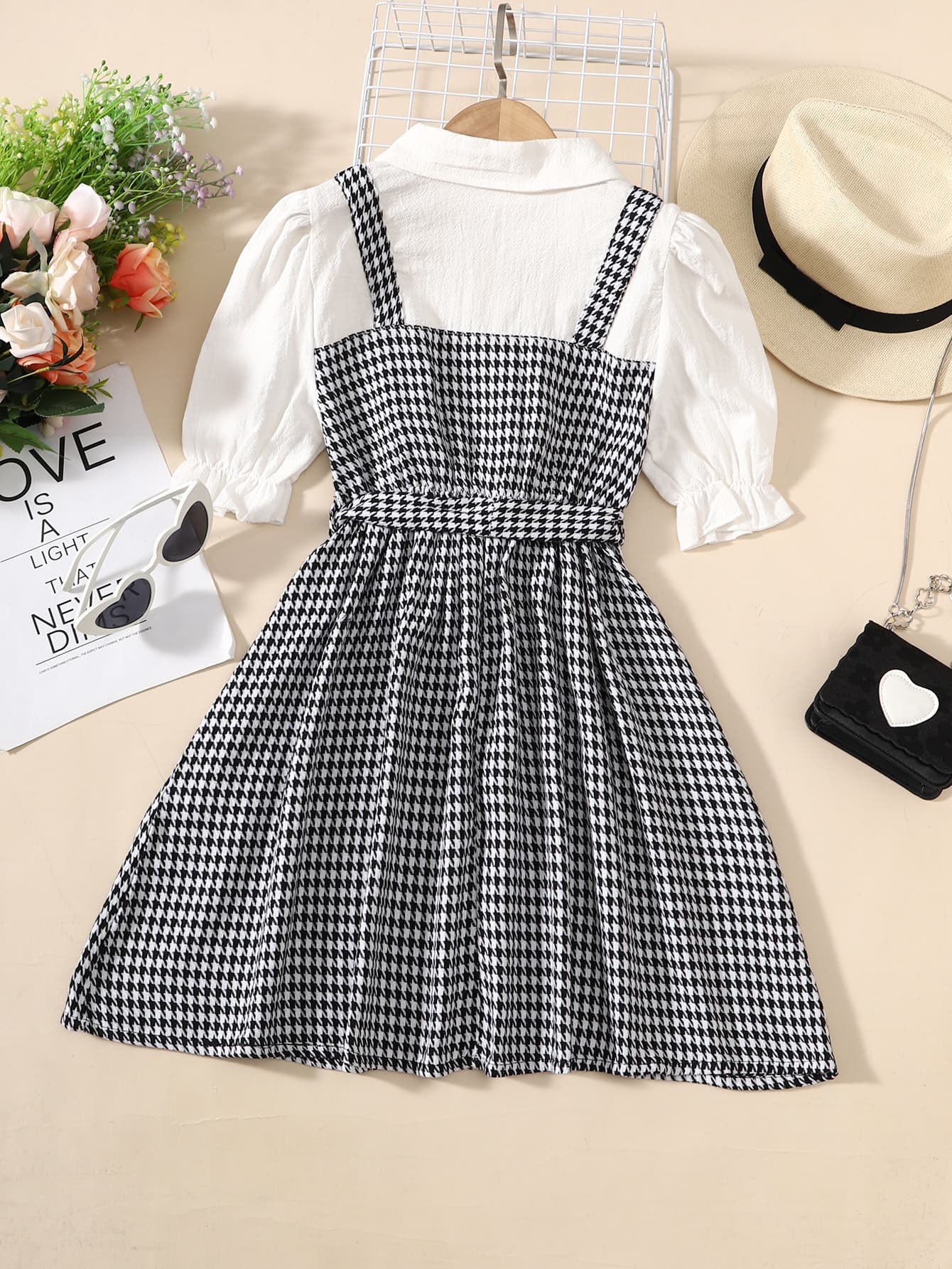 Girls Houndstooth Faux Layered Puff Sleeve Dress, Sizes 8Y - 12Y