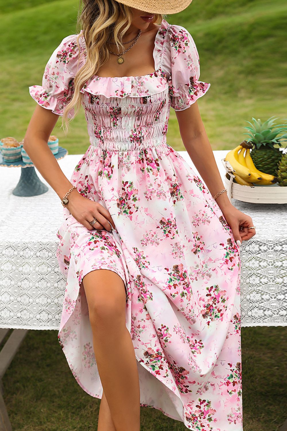 Uylee's Boutique Floral Square Neck Flounce Sleeve Midi Dress