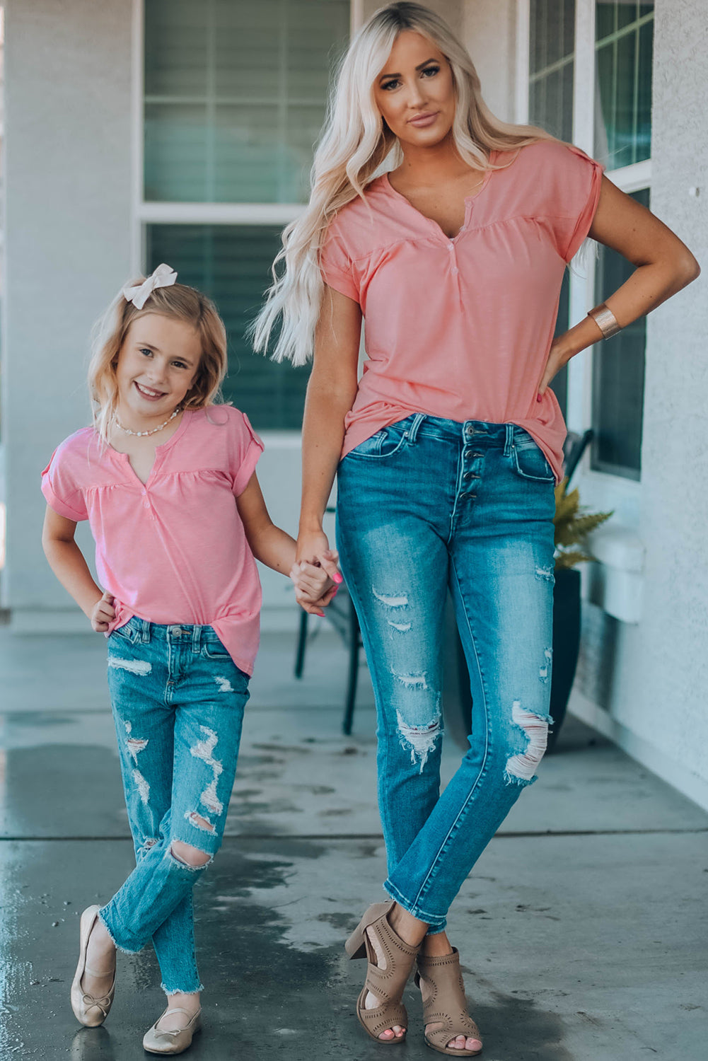 Uylee’s Boutique Women Buttoned Roll-Tab Sleeve Tee Shirt (Mommy and Me Top)