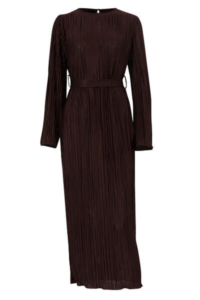 Textured Tied Round Neck Long Sleeve Dress - Various Colors