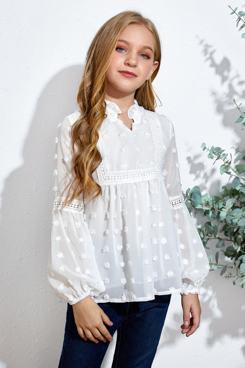 Uylee's Boutique Girls Swiss Dot Spliced Lace Notched Blouse