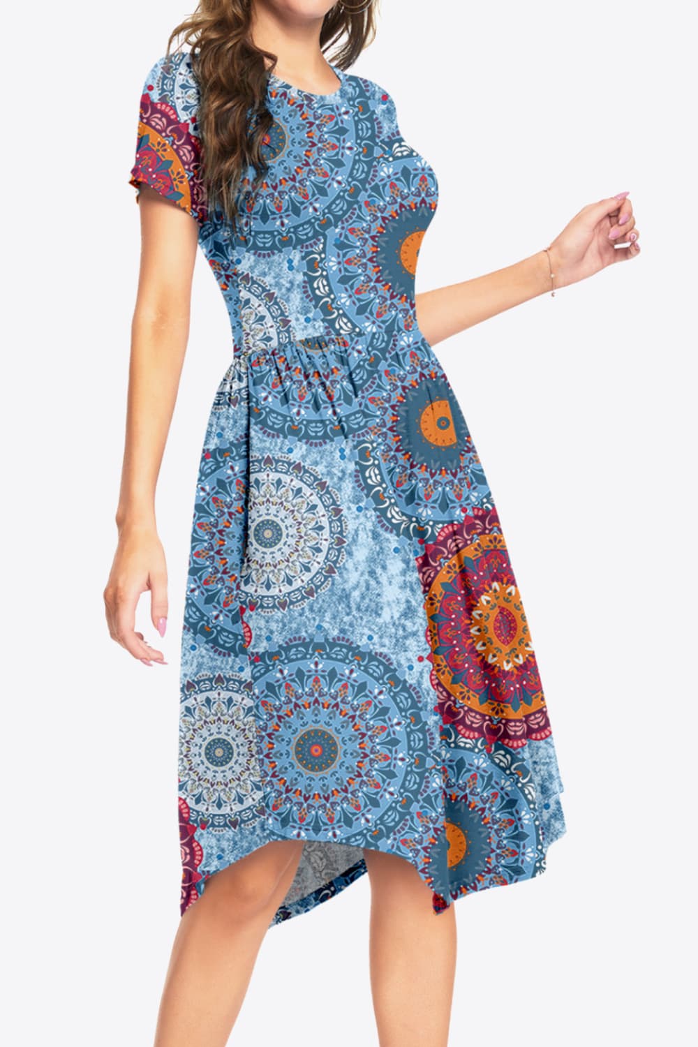 Uylee's Boutique Printed Round Neck Short Sleeve Dress with Pockets