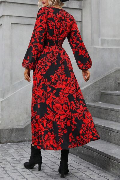 Red Printed Surplice Balloon Sleeve Midi Dress