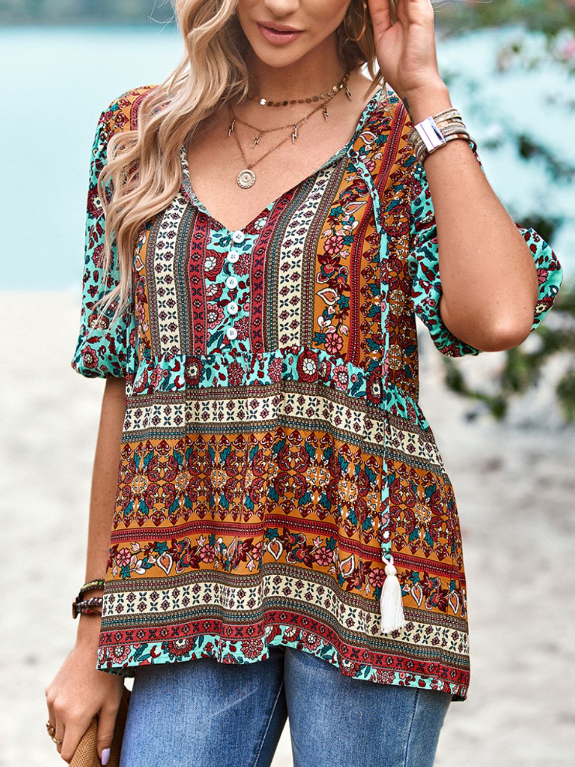 Bohemian Tie Neck Babydoll Blouse