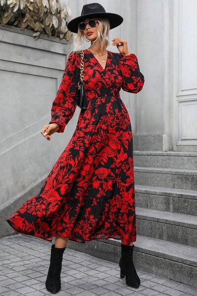 Red Printed Surplice Balloon Sleeve Midi Dress