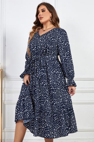 Melo Apparel Plus Size Floral Print V-Neck Flounce Sleeve Midi Dress