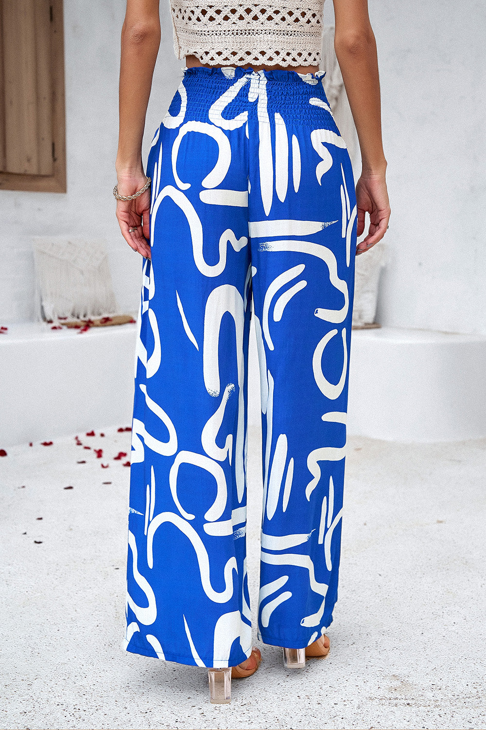 Smocked Printed Wide Leg Pants with Pockets - Four Color Prints