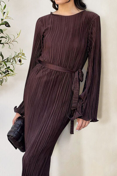 Textured Tied Round Neck Long Sleeve Dress - Various Colors