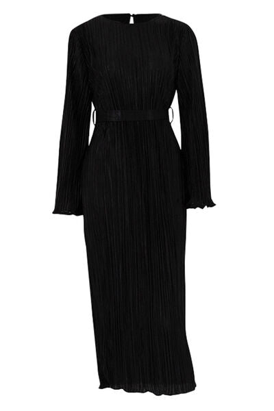 Textured Tied Round Neck Long Sleeve Dress - Various Colors