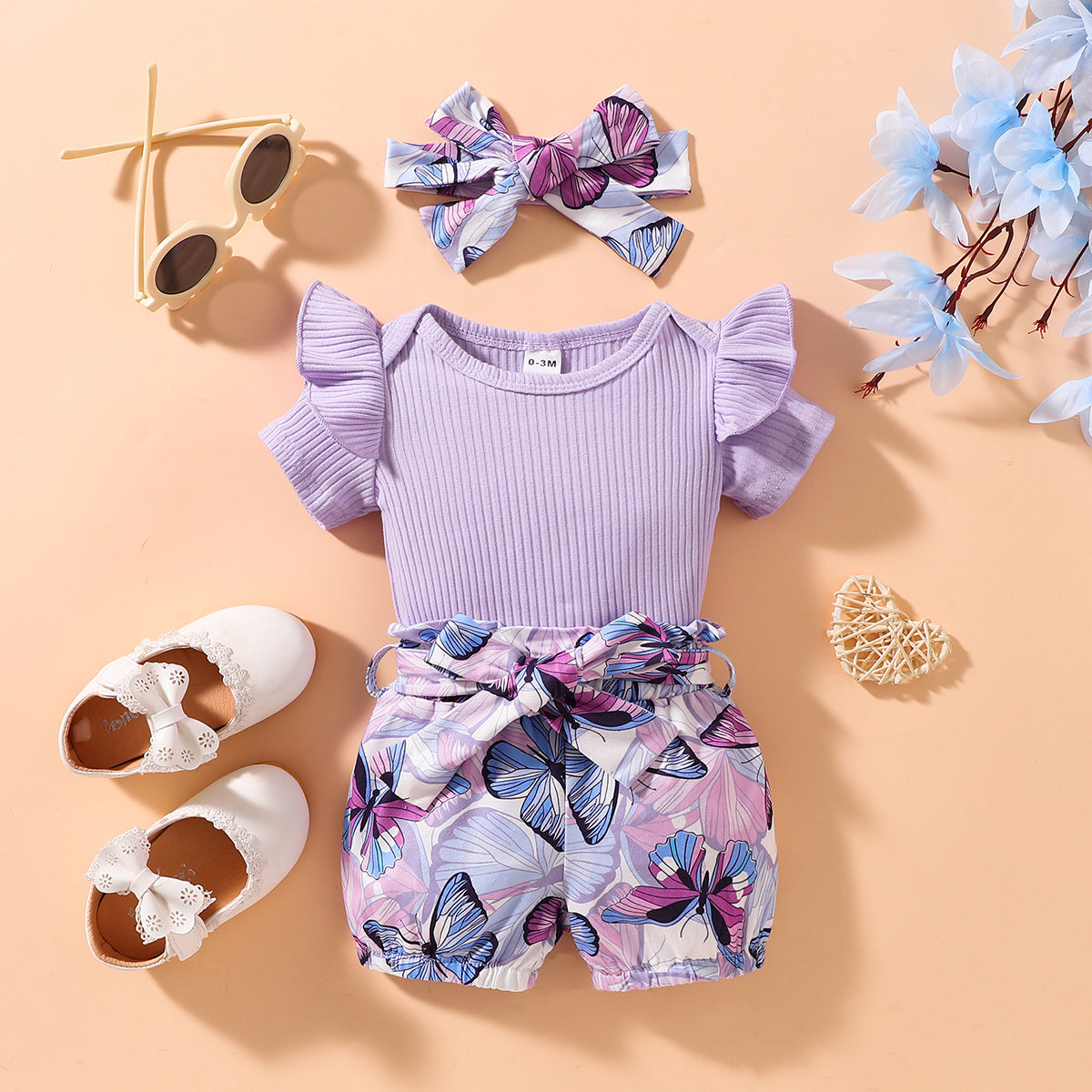 Uylee’s Boutique Ribbed Ruffle Shoulder Bodysuit and Butterfly Print Shorts Set