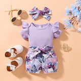Uylee's Boutique リブフリルショルダーボディスーツとバタフライプリントショーツセット