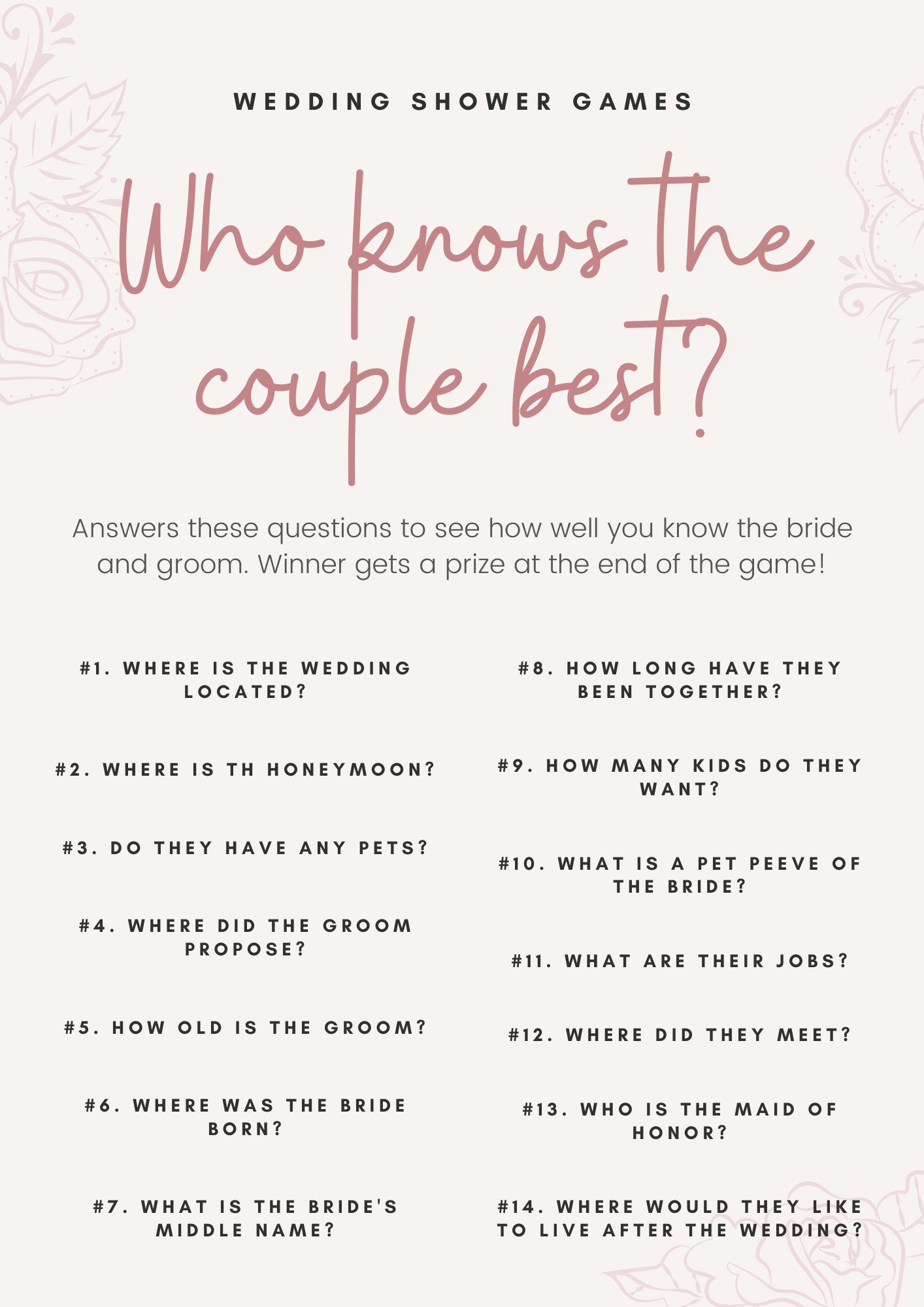 Who Knows the Couple Best? Wedding Shower Game Digital Download