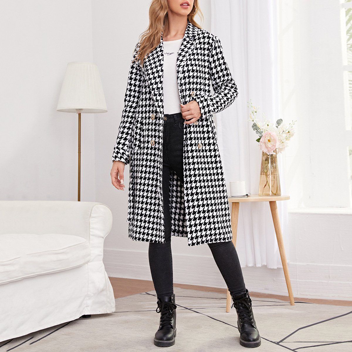 HOUNDSTOOTH BUCKLE LAPEL COLLAR FASHION COAT, Sizes XSmall - Large