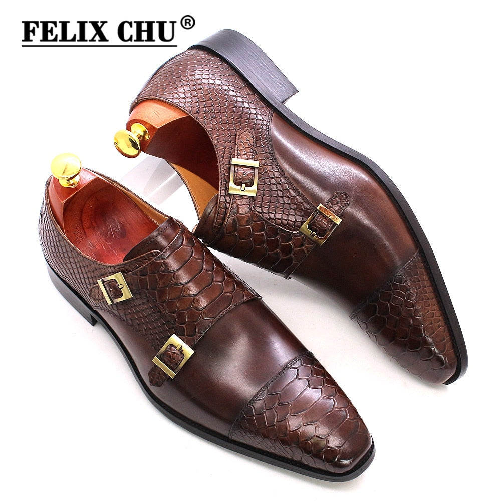 Genuine Leather Double Buckle Monk Strap Men Shoes, Snake Print