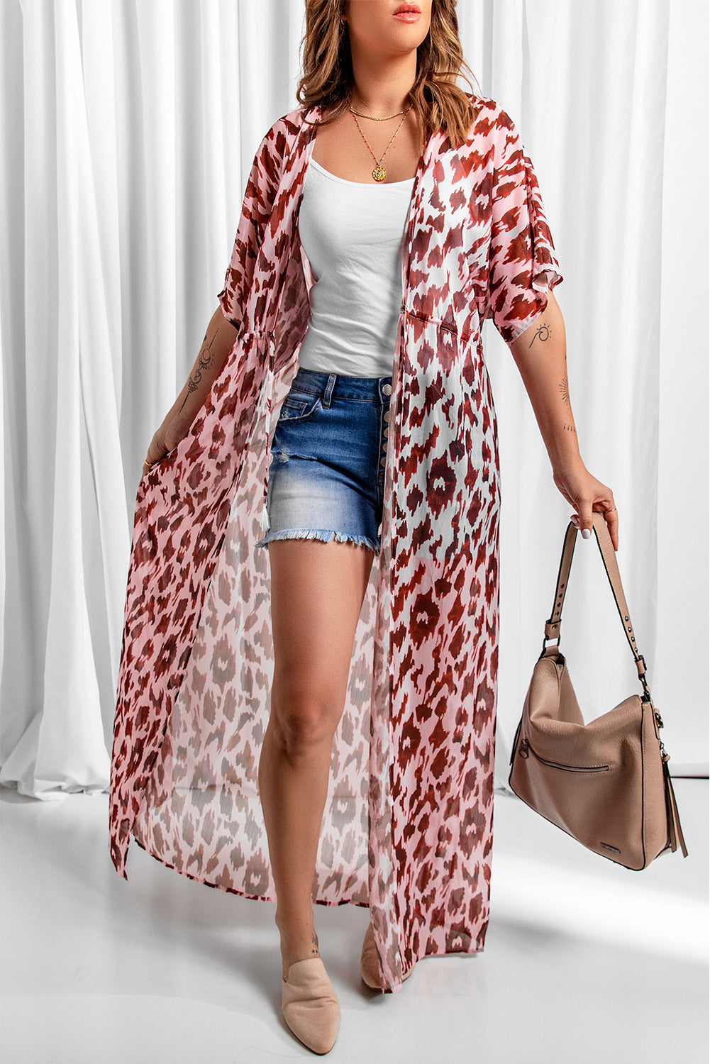 Animal Print Half Sleeve Duster Cardigan