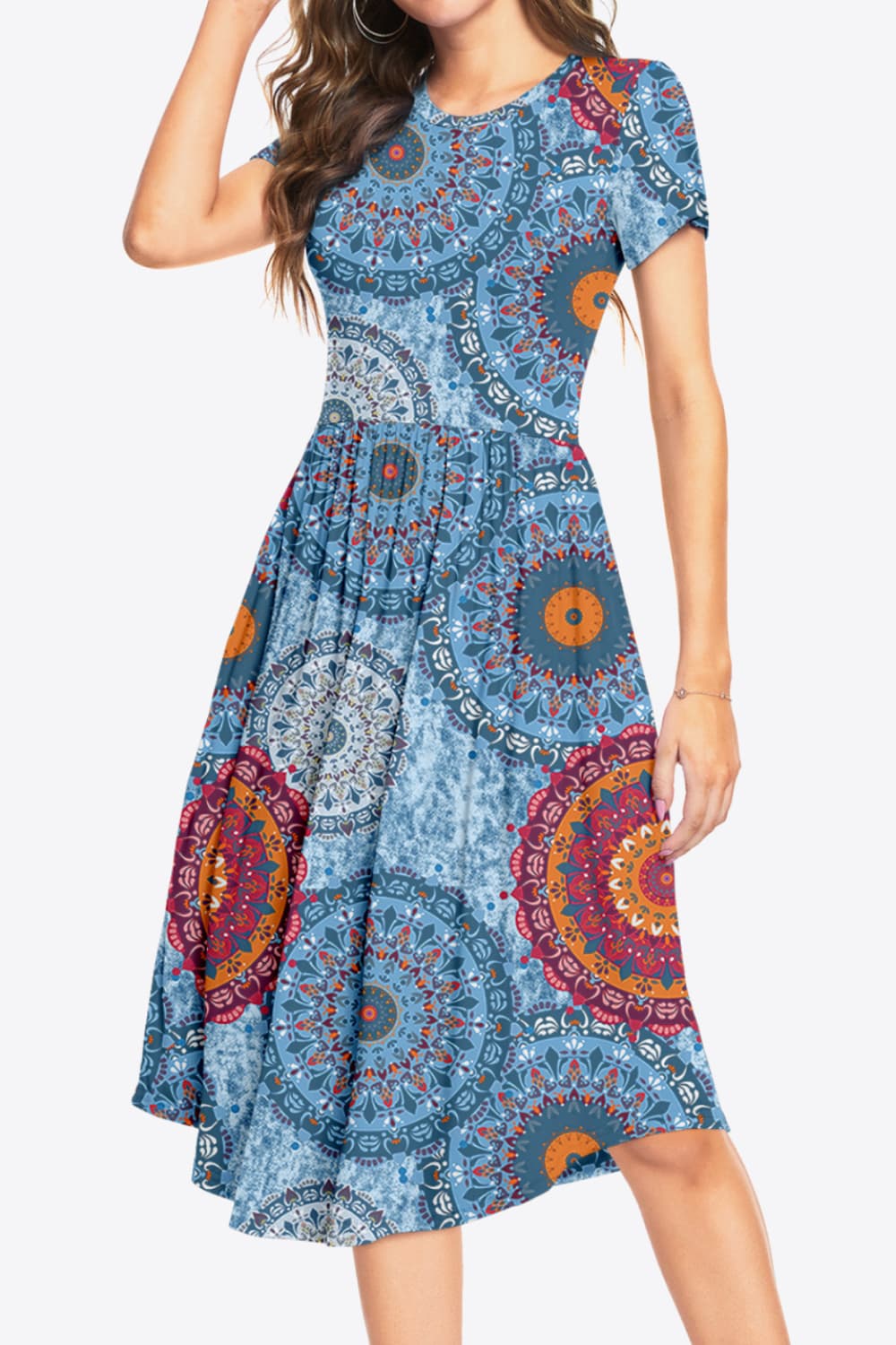 Uylee's Boutique Printed Round Neck Short Sleeve Dress with Pockets