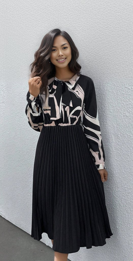 Tie Neck Long Sleeve Pleated Dress