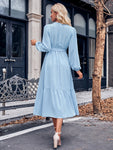 Uylee’s Boutique Swiss Dot Belted Surplice Puff Sleeve Midi Dress