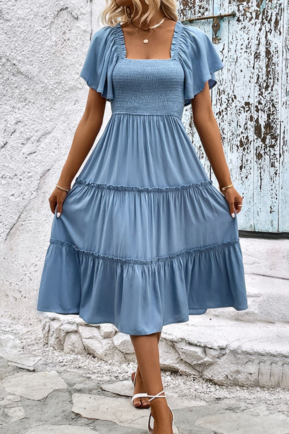 Uylee's Boutique Smocked Square Neck Frill Trim Dress