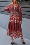 Uylee's Boutique Floral Print Decorative Buttons V-Neck Flounce Sleeve Midi Dress