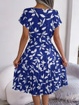 Printed Round Neck Short Sleeve Pleated Dress