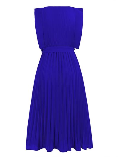 Tied Round Neck Pleated Midi Dress