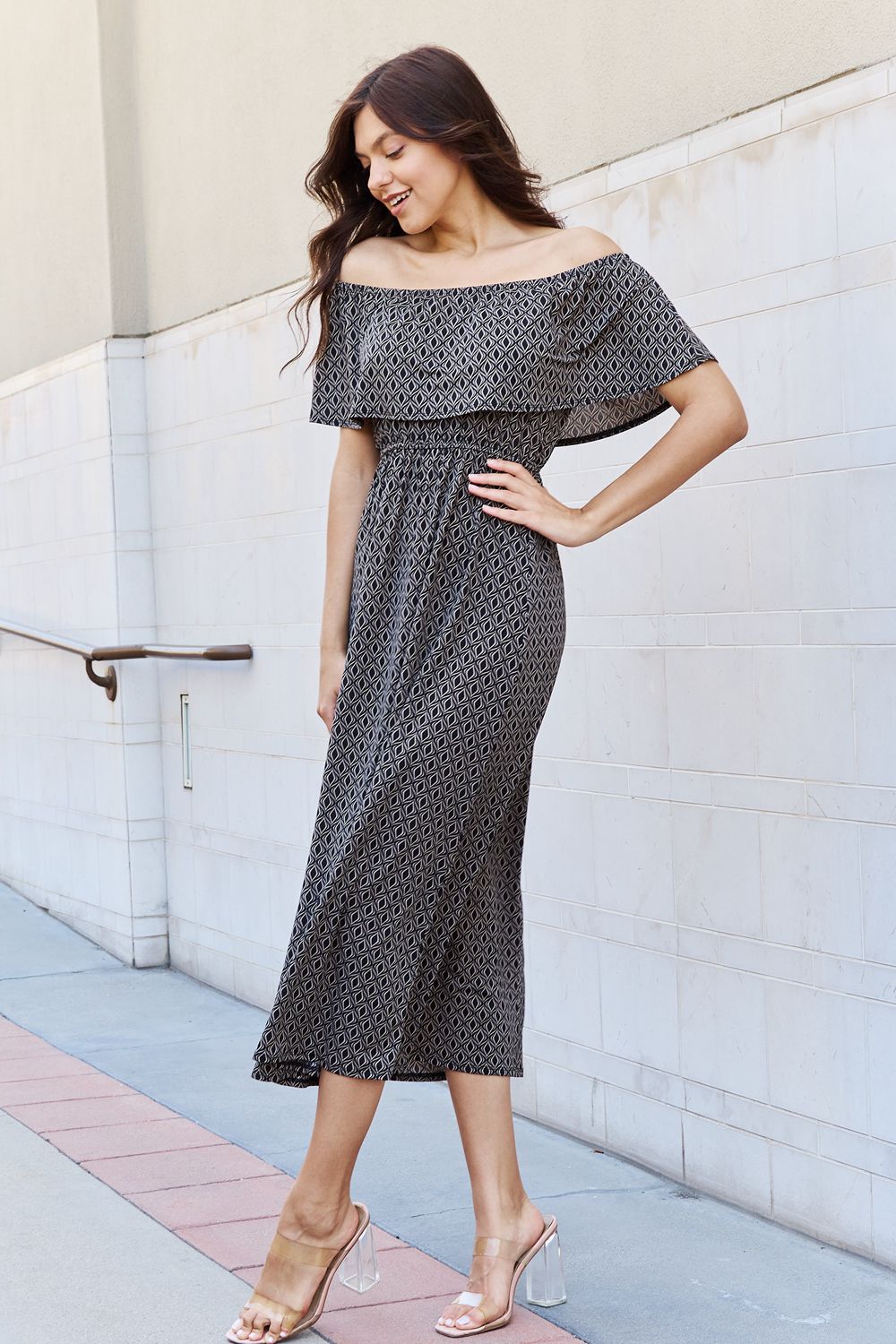 Uylee's Boutique My Best Angle Geometric Pattern Off The Shoulder Midi Dress in Black