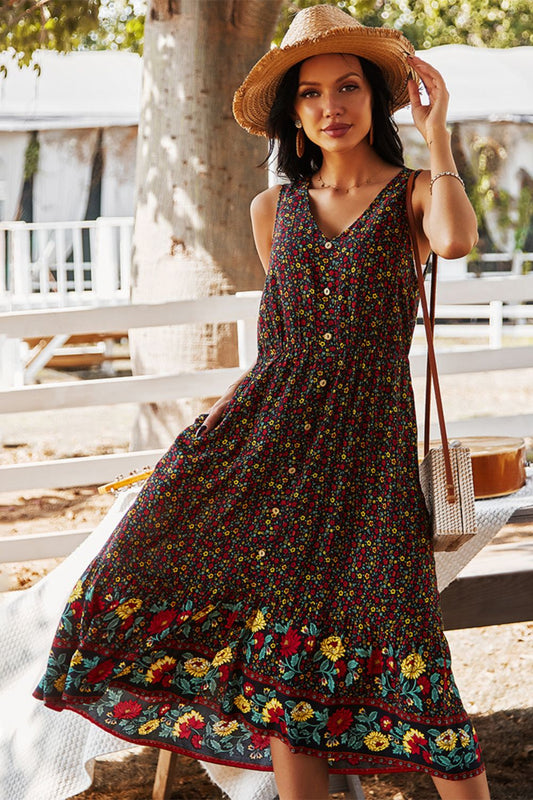 Uylee's Boutique Floral Print Bohemian Style V-neck Sleeveless Midi Dress