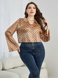 Uylee's Boutique Plus Size Checkered Johnny Collar Flare Sleeve Shirt