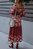 Uylee's Boutique Floral Print Decorative Buttons V-Neck Flounce Sleeve Midi Dress