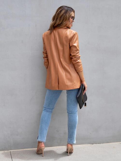 Faux Leather Button Up Long Sleeve Blazer - Three Color Options