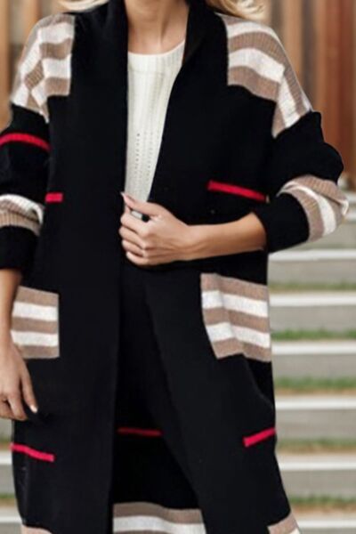 Striped Open Front Long Sleeve Longline Sweater Cardigan - Multiple Colors