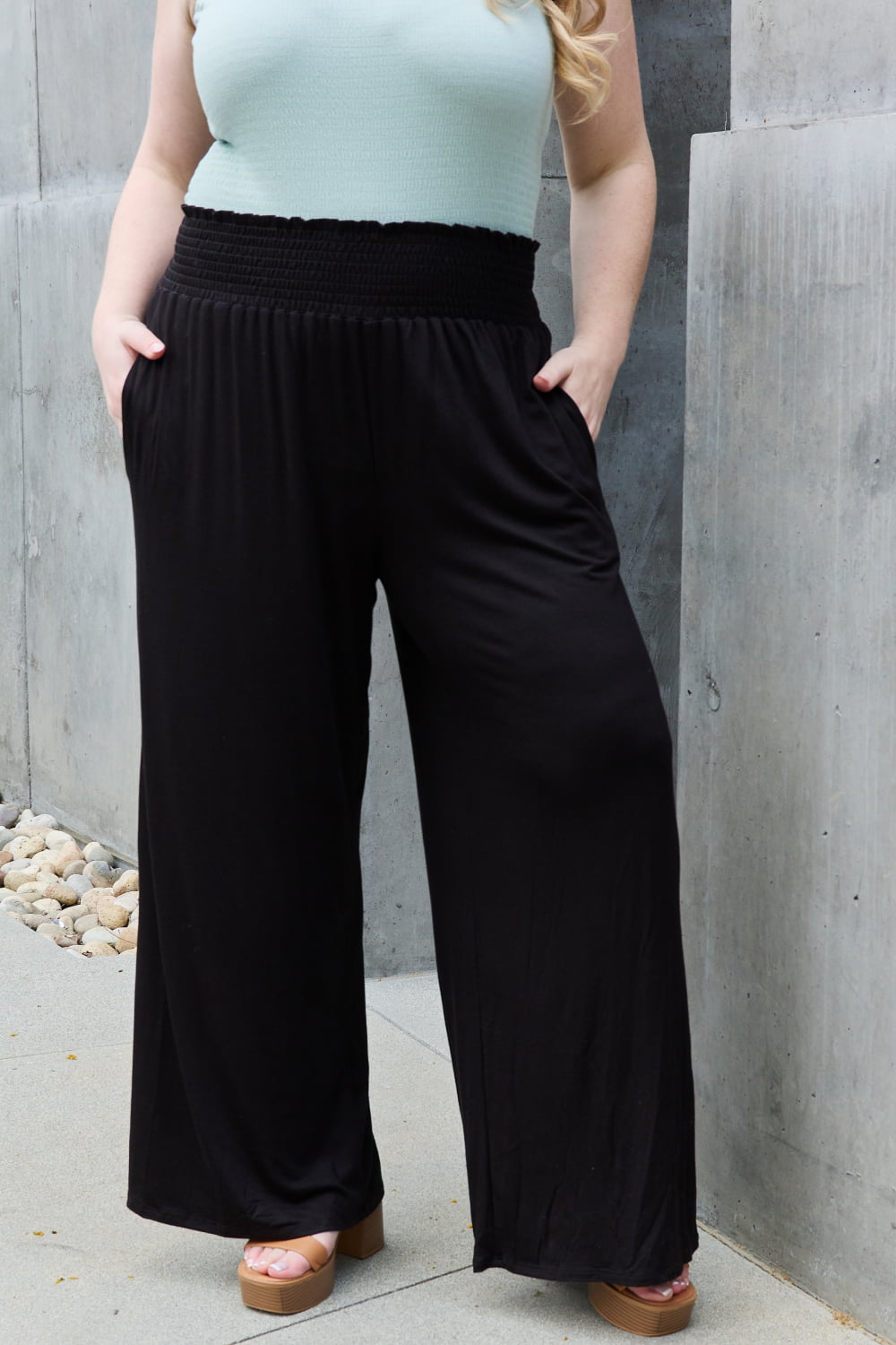 Uylee's Boutique Heimish Less Is More Full Size High waist Wide Leg Smocked Pants