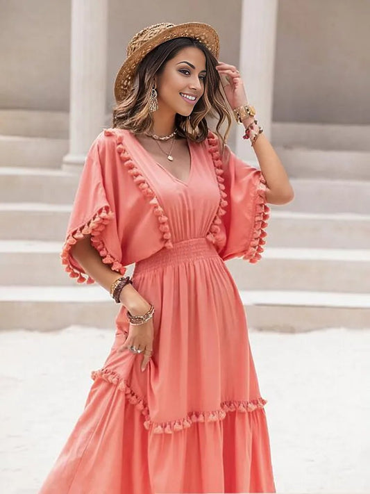 Tassel Trim Smocked V-Neck Short Sleeve Dress